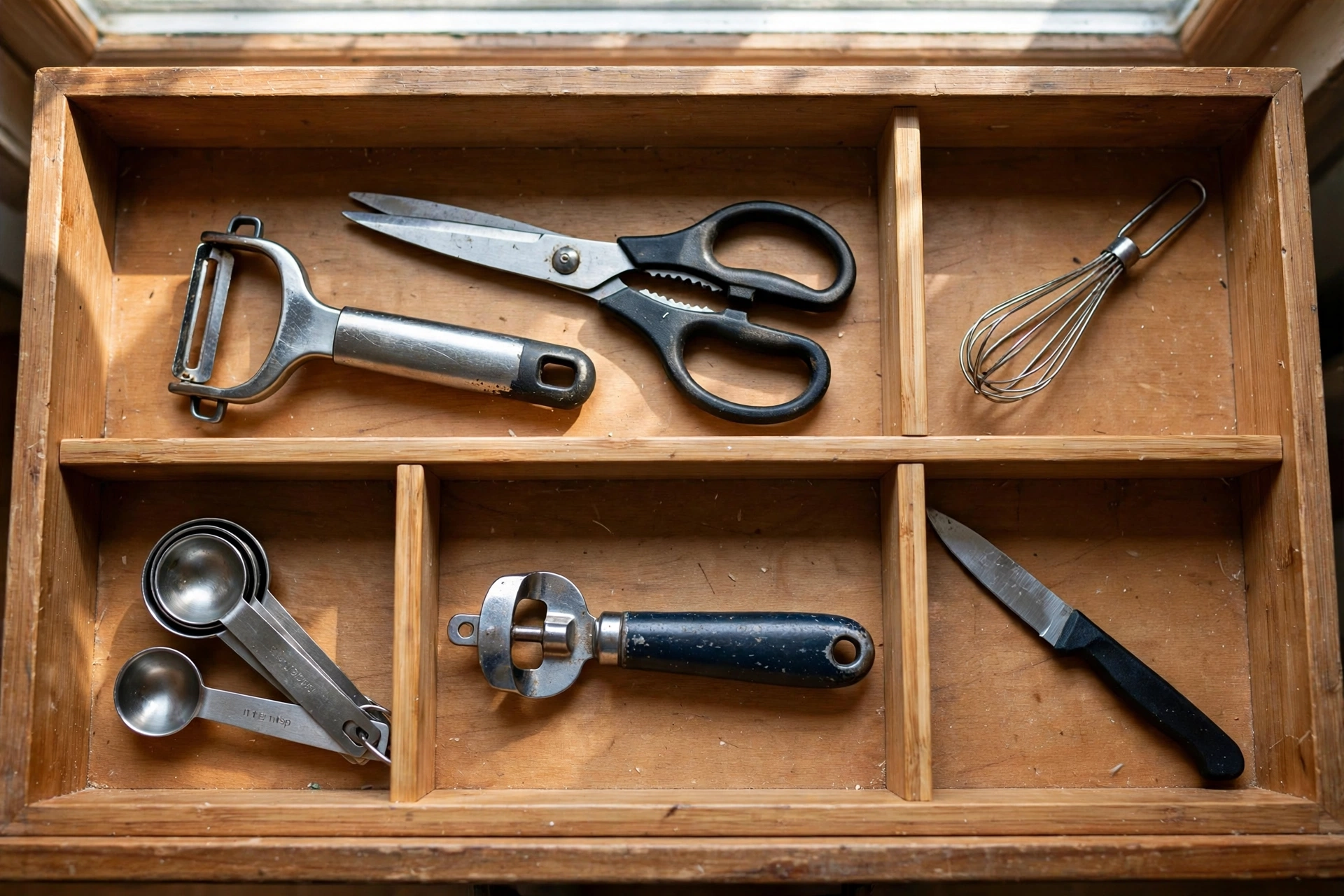 Open kitchen drawer with dividers holding a peeler, scissors, whisk, measuring spoons, can opener and paring knife