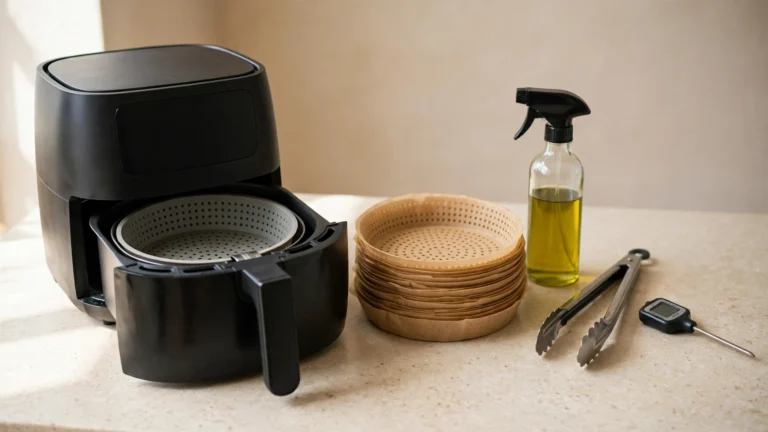 Air fryer with a silicone liner, parchment liners, oil sprayer, tongs and a meat thermometer on a small kitchen counter
