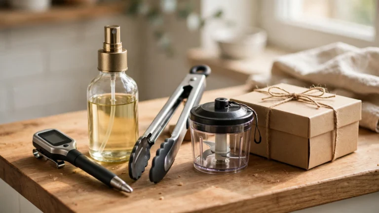Practical small kitchen gifts on a wooden board: an instant-read thermometer, a glass oil sprayer, kitchen tongs and a mini chopper next to a kraft gift box