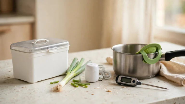 Small kitchen gadgets under $30 on a counter: a vegetable chopper, a USB mini garlic chopper, a clip-on pot strainer on a saucepan and a meat thermometer