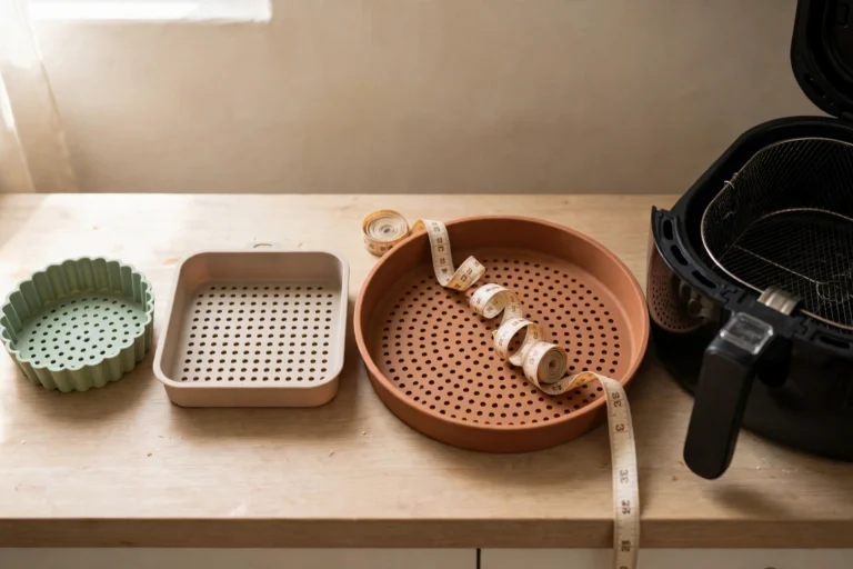 Three silicone air fryer liners in different sizes next to an air fryer basket, with a measuring tape across the largest liner