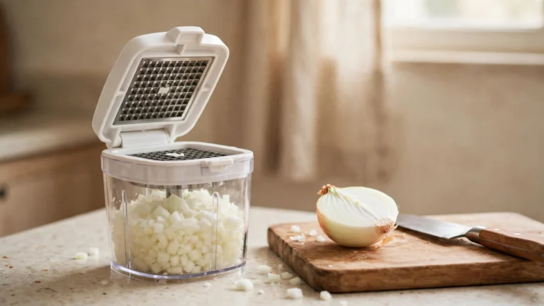 A manual vegetable chopper with its lid open showing the dicing grid, container full of diced onion, next to a halved onion and a knife on a cutting board
