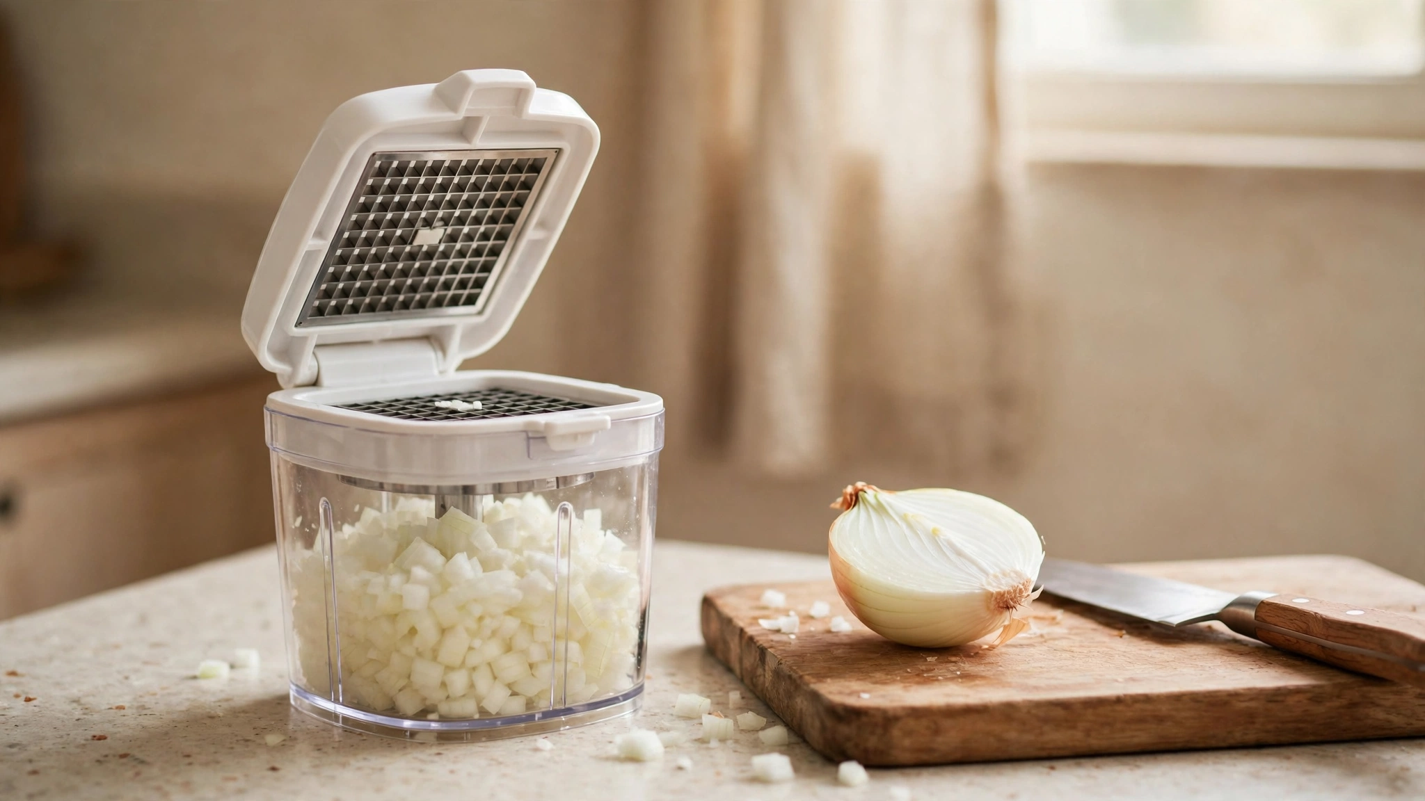 A manual vegetable chopper with its lid open showing the dicing grid, container full of diced onion, next to a halved onion and a knife on a cutting board