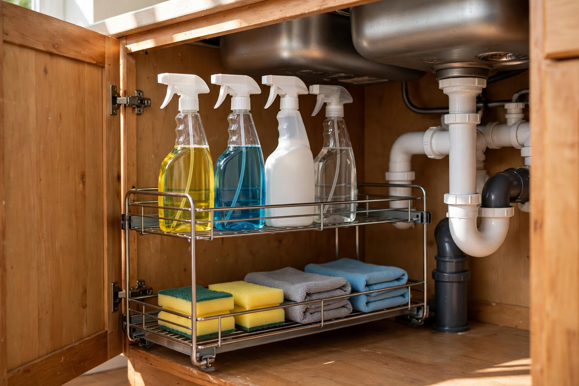 A two-tier sliding organizer under a kitchen sink holding spray bottles, sponges and cloths, fitted beside the drain pipes