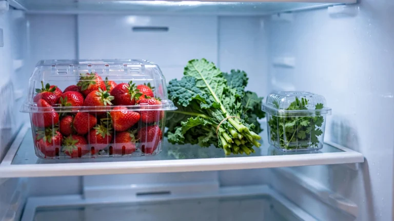 Strawberries in a clear vented produce container inside a refrigerator, next to leafy greens and a small herb container