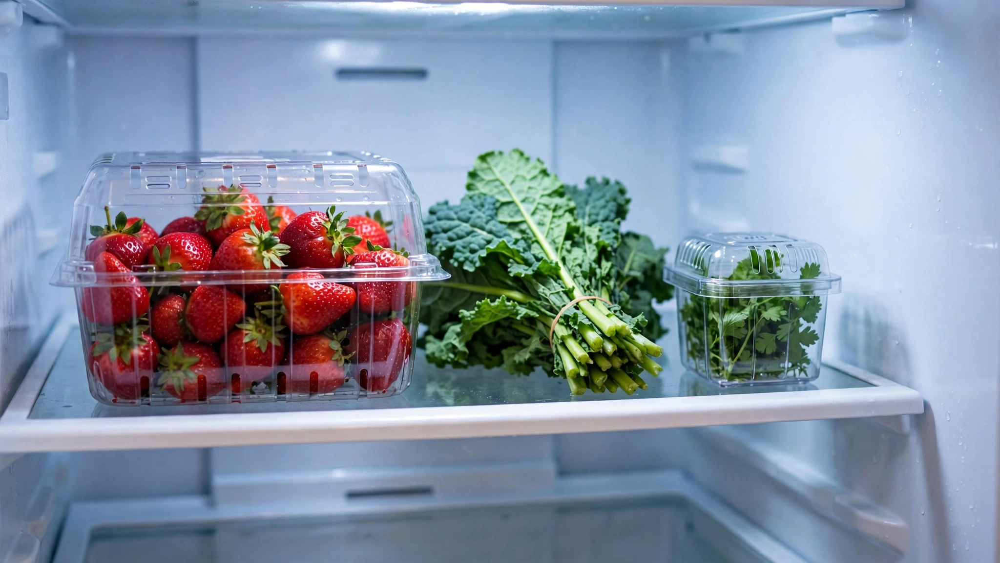 Strawberries in a clear vented produce container inside a refrigerator, next to leafy greens and a small herb container