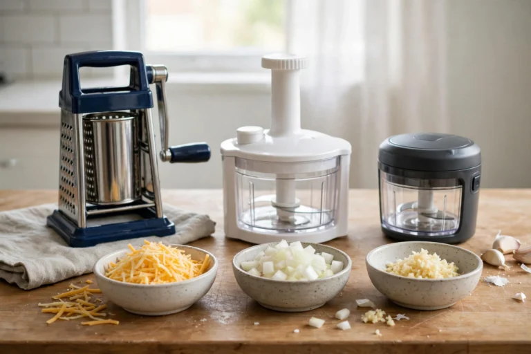 A rotary cheese grater, a manual vegetable chopper and a cordless electric mini chopper side by side, with bowls of shredded cheese, diced onion and minced garlic