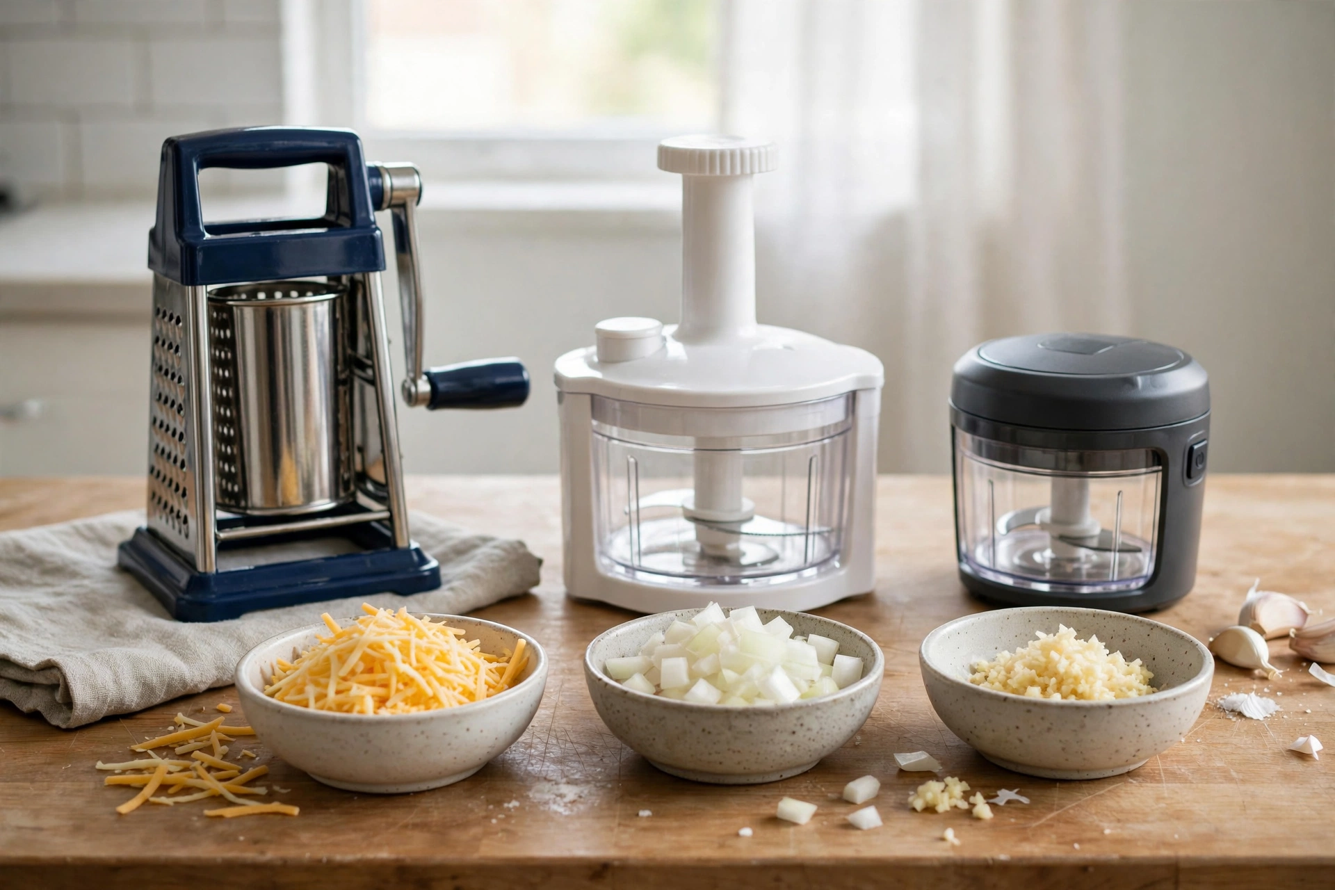 A rotary cheese grater, a manual vegetable chopper and a cordless electric mini chopper side by side, with bowls of shredded cheese, diced onion and minced garlic