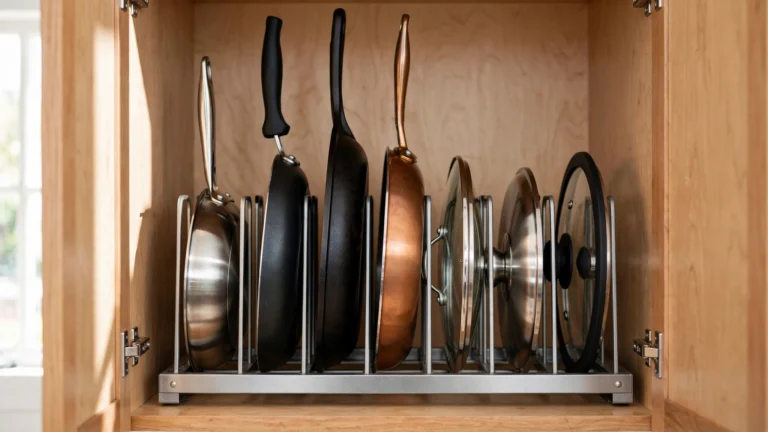 Frying pans and lids stored vertically on edge in an adjustable metal rack inside a kitchen cabinet