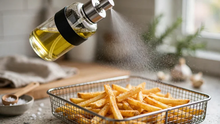 A glass refillable oil sprayer misting oil over french fries in an air fryer basket