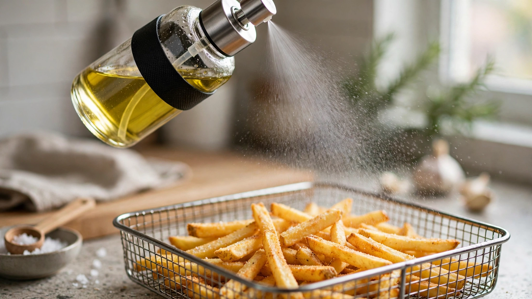 A glass refillable oil sprayer misting oil over french fries in an air fryer basket