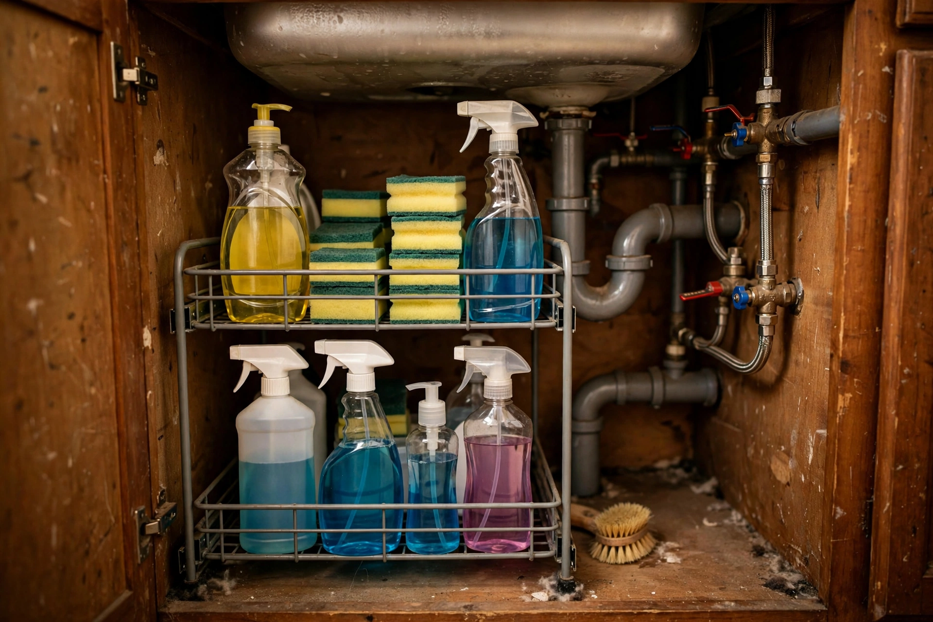 Two-tier pull-out organizer under a small kitchen sink holding cleaning bottles and sponges