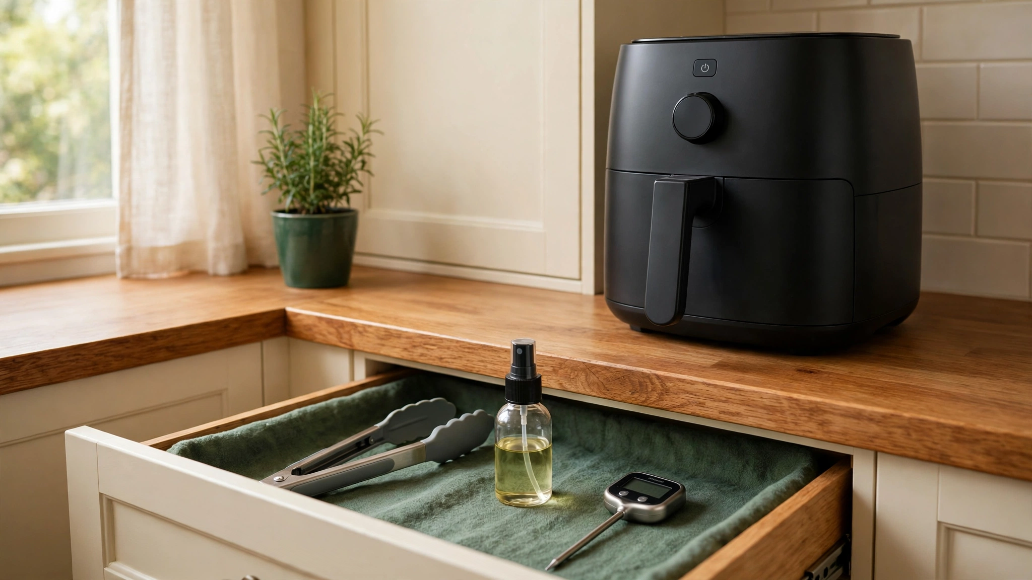 Small apartment kitchen counter with an air fryer and an open drawer holding tongs, an oil sprayer and a meat thermometer